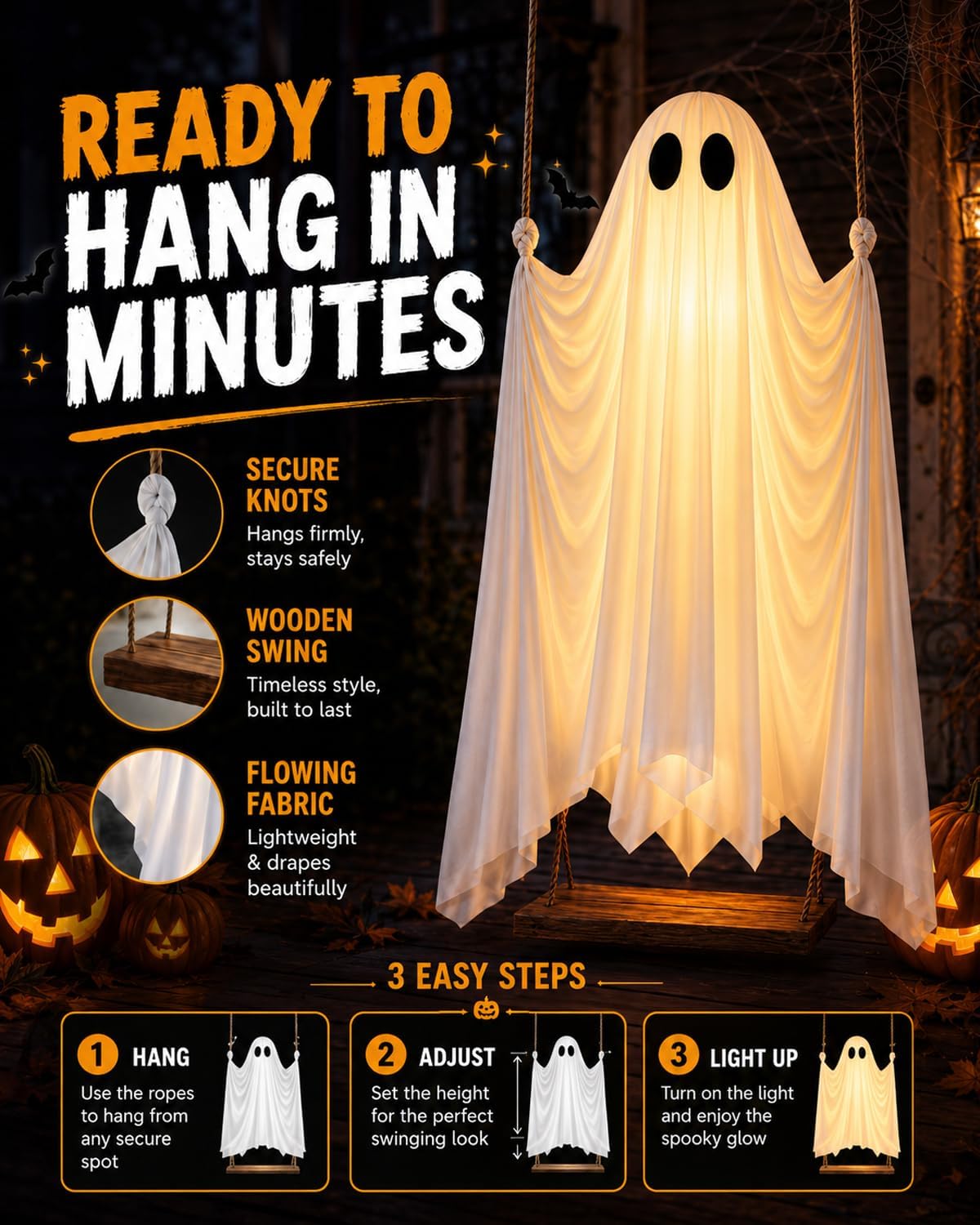 👻Giant Swinging Ghost Halloween Decoration with LED Lights & Remote Control