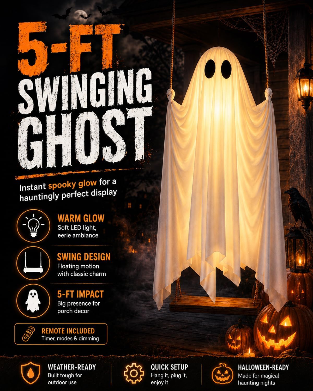 👻Giant Swinging Ghost Halloween Decoration with LED Lights & Remote Control