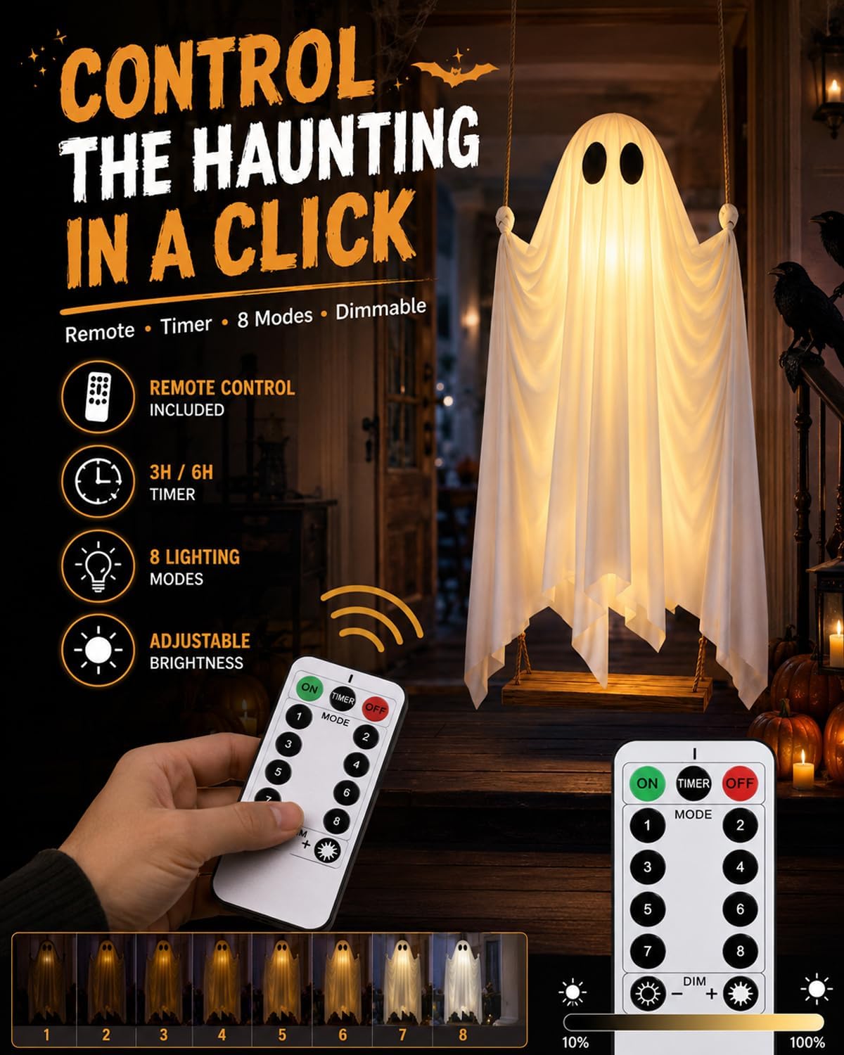 👻Giant Swinging Ghost Halloween Decoration with LED Lights & Remote Control
