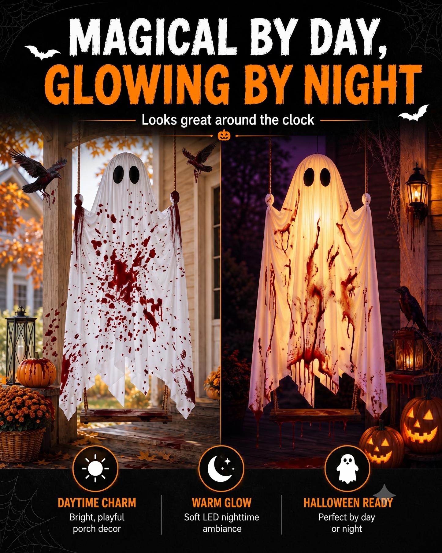 👻Giant Swinging Ghost Halloween Decoration with LED Lights & Remote Control